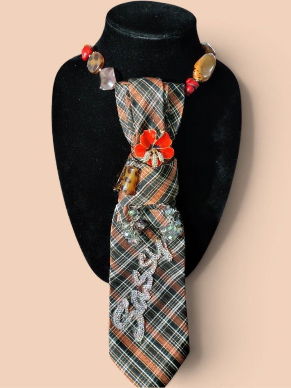 Orange and Brown Plaid Embellished Neck Tie Necklace - Picture 2 of 3